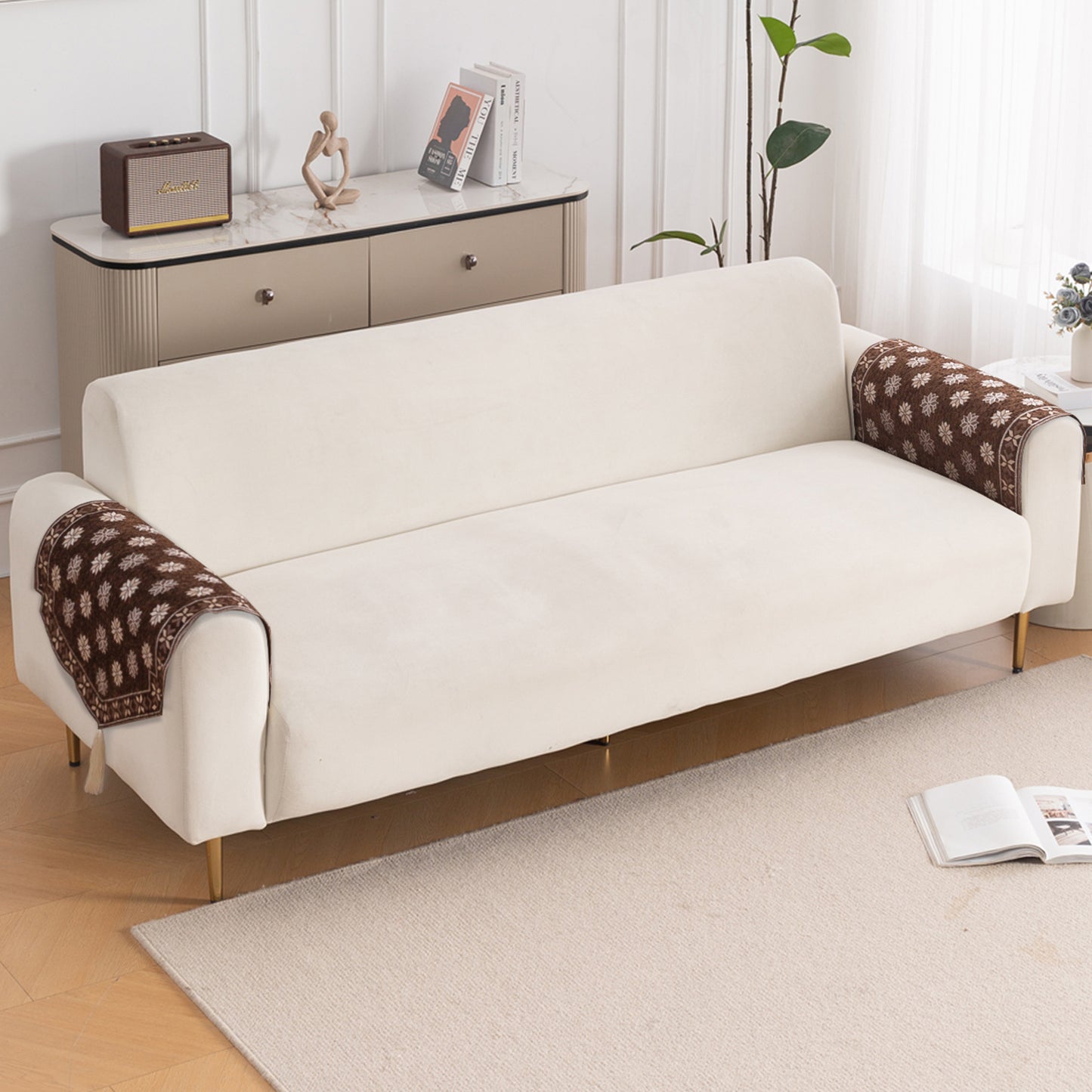 Heritage Weave Premium Jacquard Sofa Cover Set with Tassels - Russet Brown