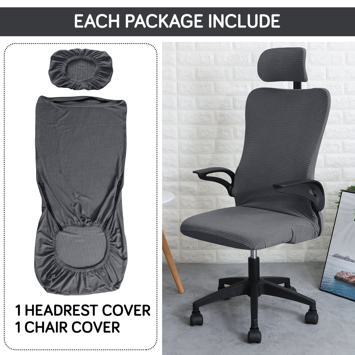 Water Repellent Office Chair Cover with Headrest (High-Back) – 210 GSM Stretch Jacquard – Washable, Anti-Slip Fit for Ergonomic Mesh Office Chairs, Dark Grey