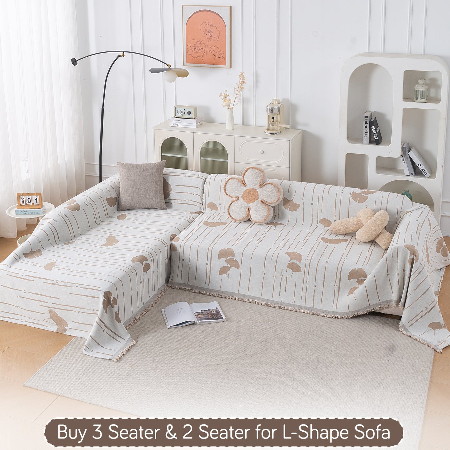 Premium 320 GSM Chenille Sofa Cover Throw All Season 'Serene Abode Series', Beige Ginkgo Lines