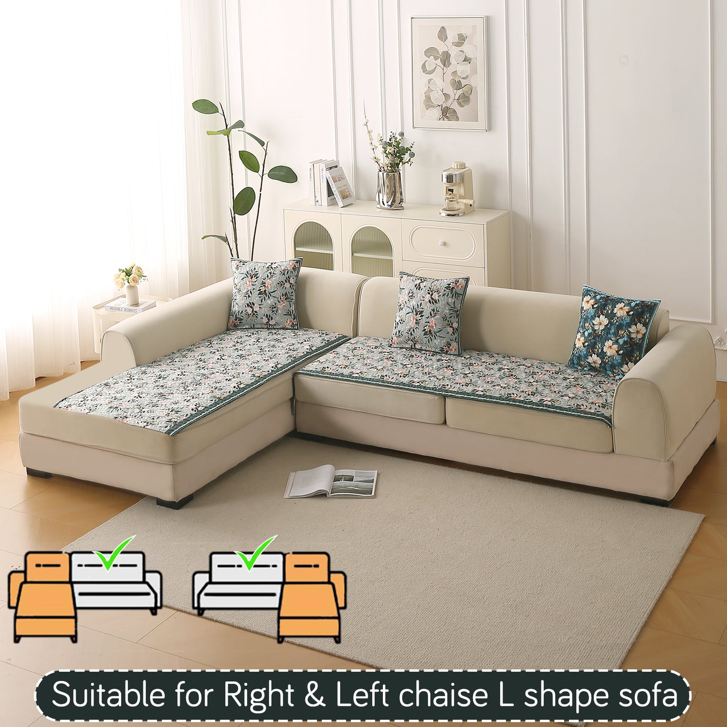 Florentina Series Quilted Holland Velvet L Shape Sofa Seat Mat - Magnolia Green