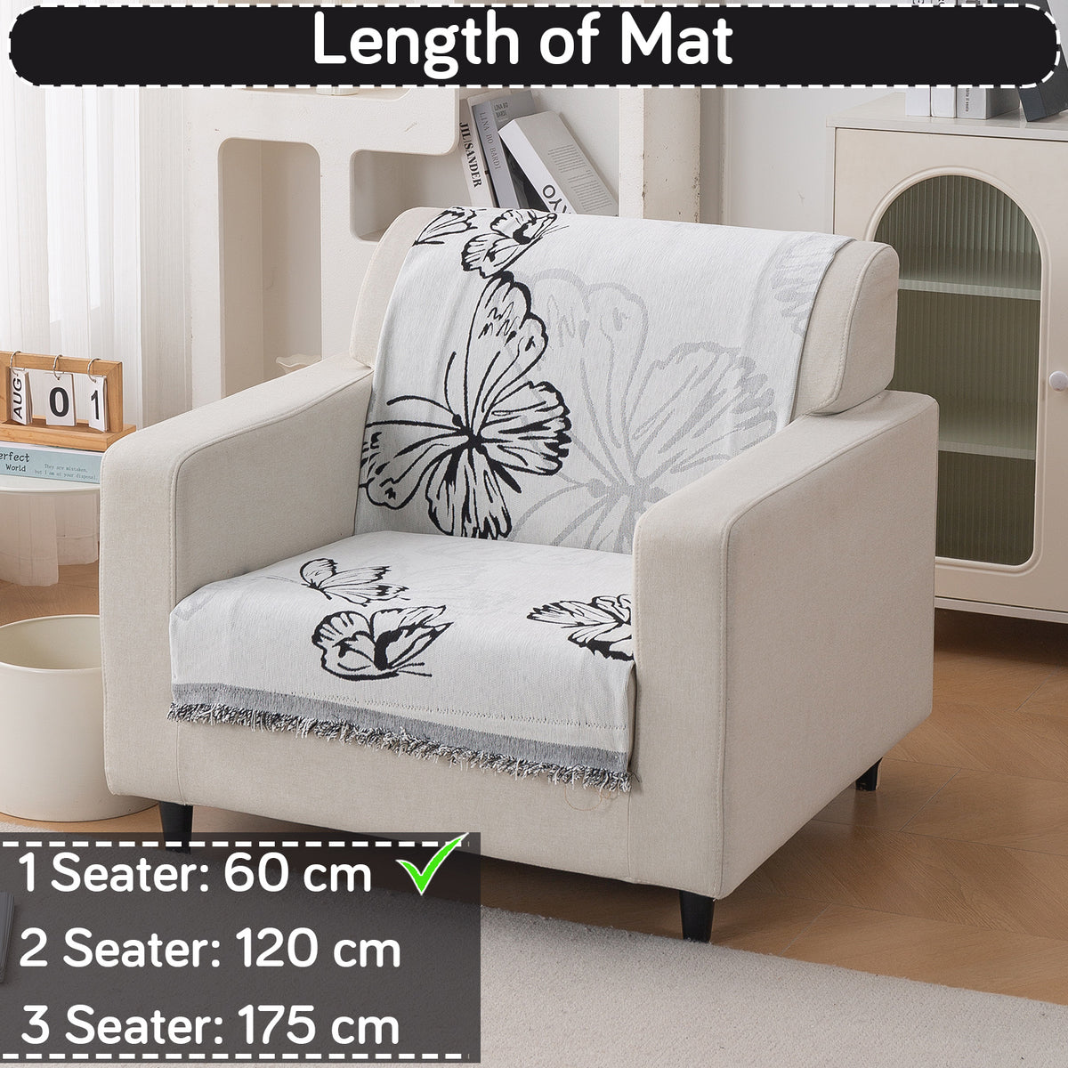 Premium 320 GSM Chenille Sofa Cover 'Serene Abode Series', Monochrome Butterfly
