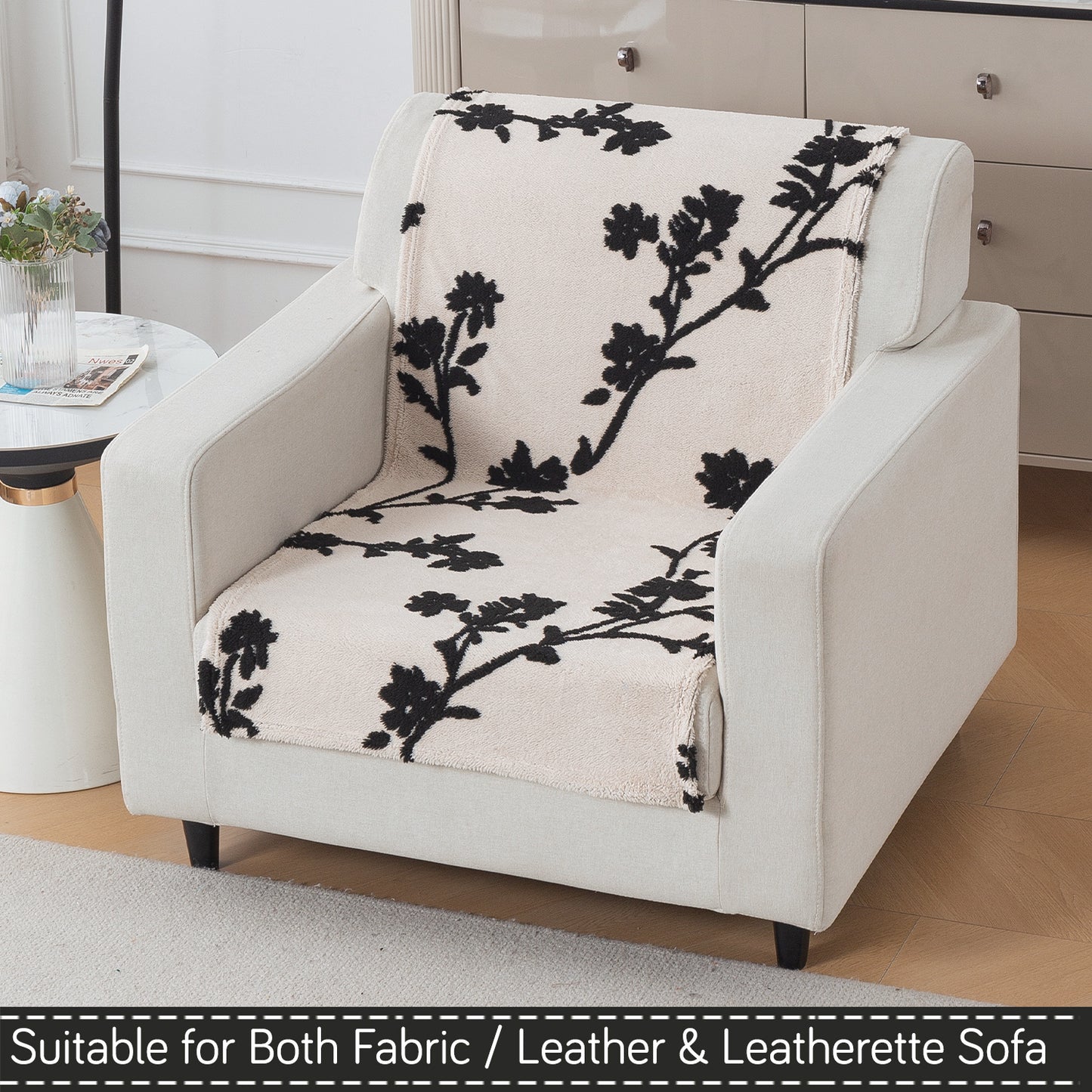 'Noirea Series' Plush Sofa Cover for Seat & Back, Botanical Vine