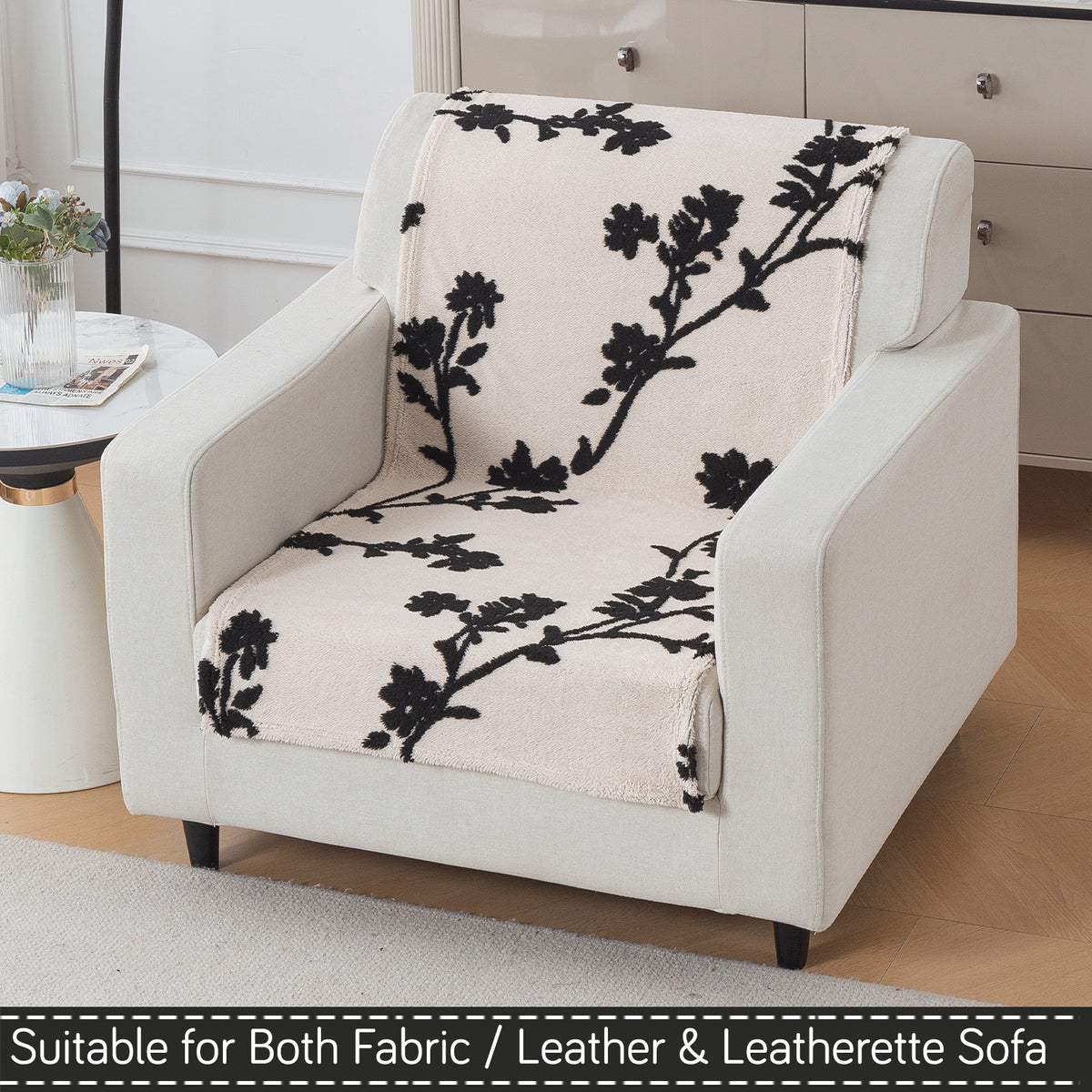 'Noirea Series' Plush Sofa Cover for Seat & Back, Botanical Vine