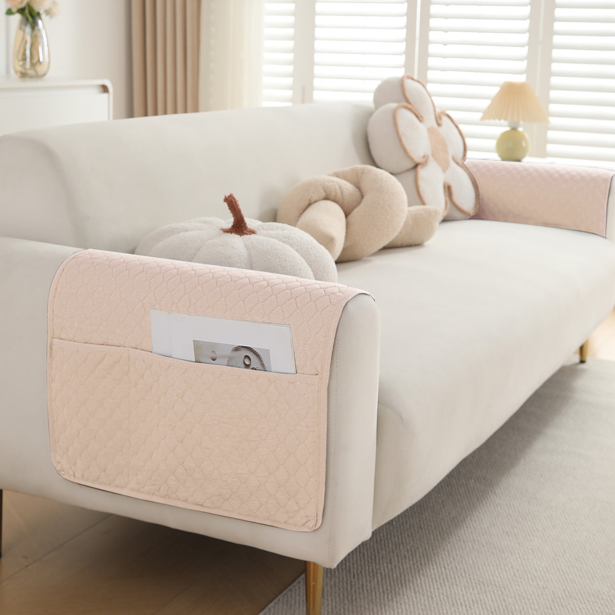 2 Pcs Quilted Sofa Armrest Cover, Beige