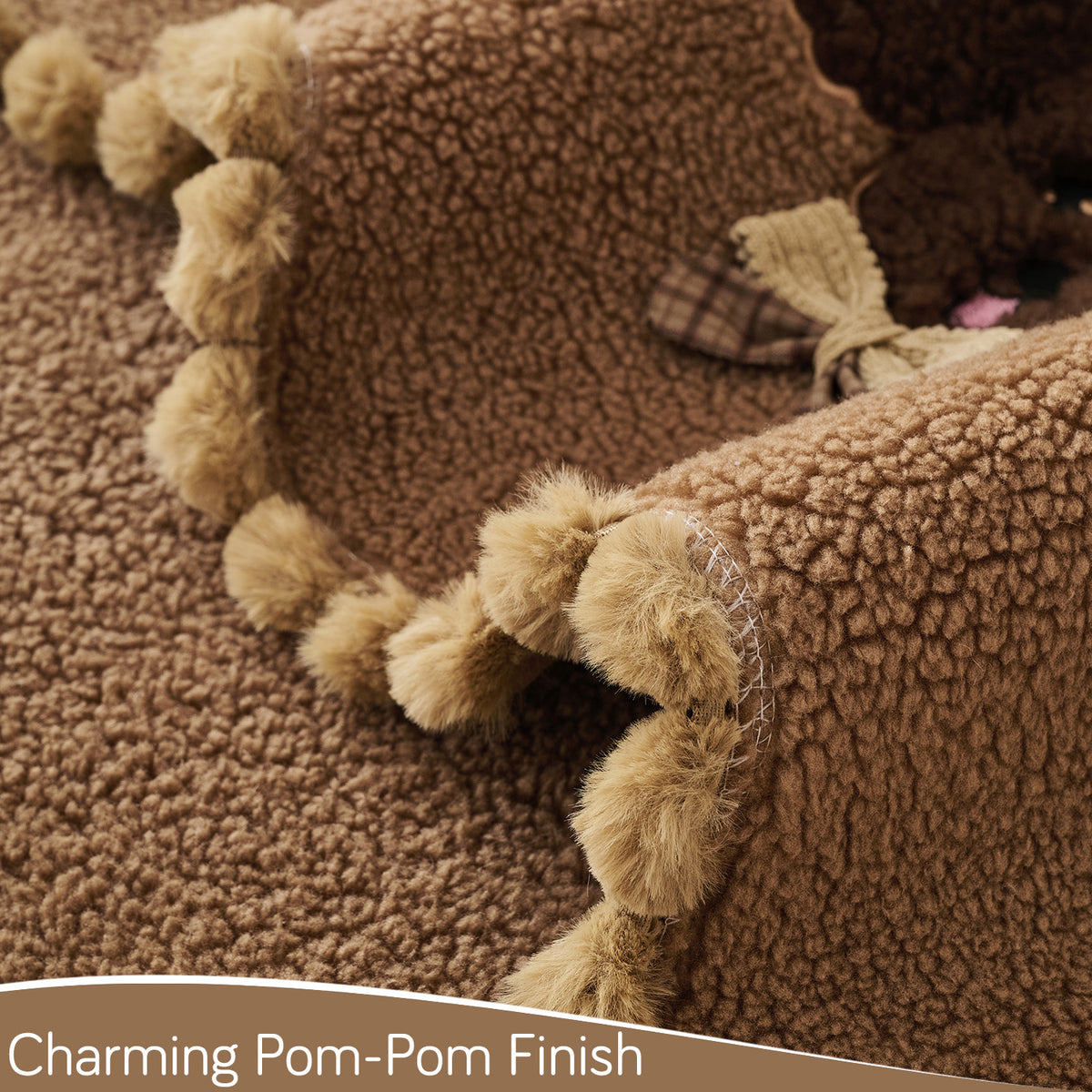 CloudHug Plush Sofa Cover Mat with PomPom and Wavy Edges, Mocha Cocoa