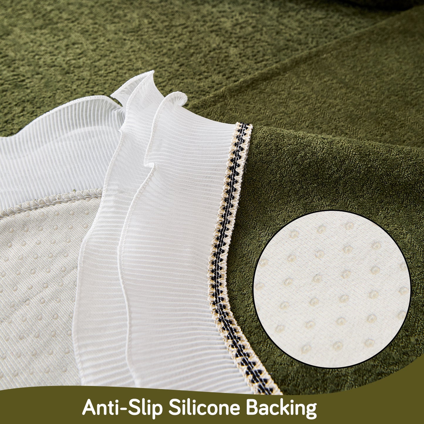 French Classic Frill Wavy Sofa Cover Mat, Dark Olive Green