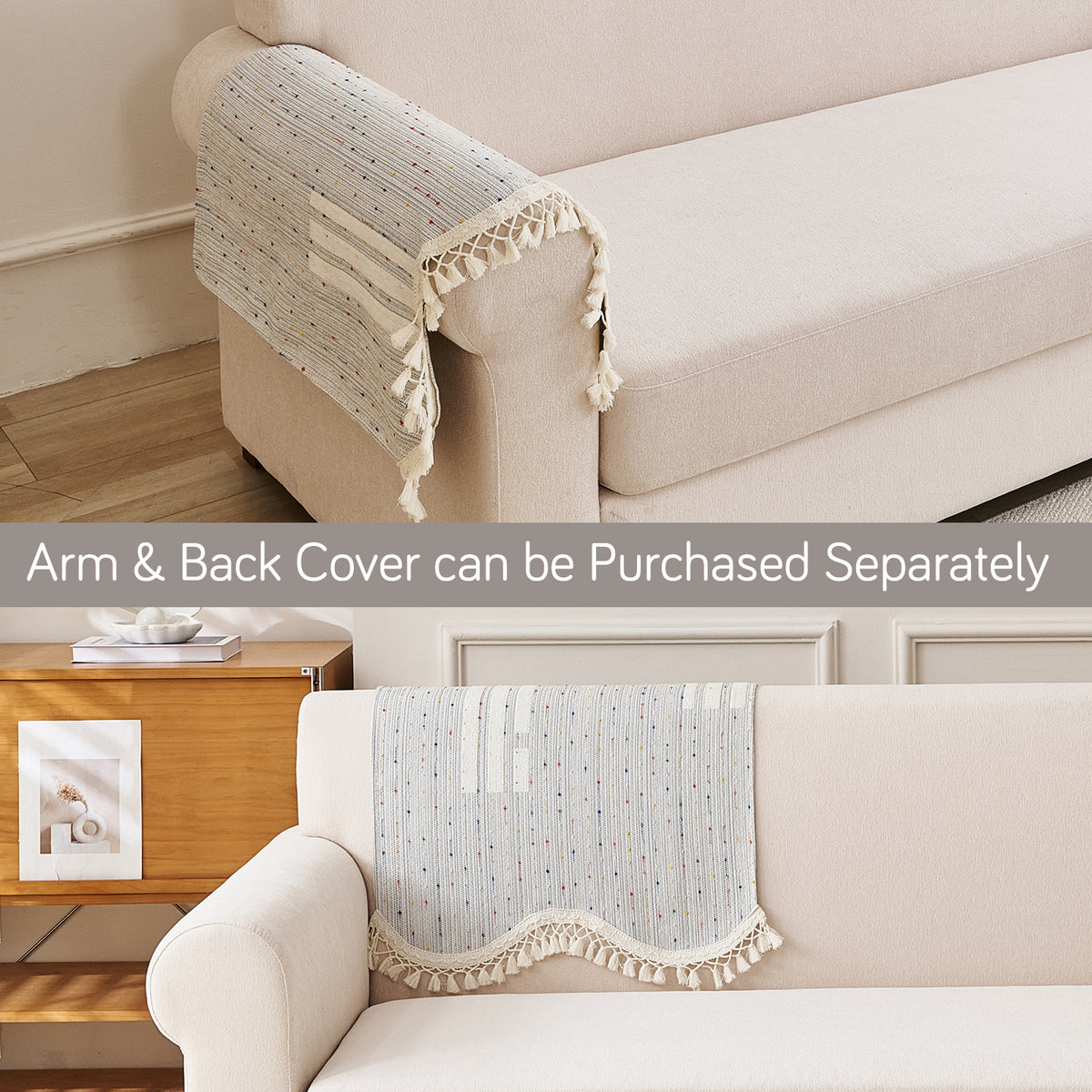 DreamWave Chenille with Tassels Sofa Cover Mat, Pearl Grey