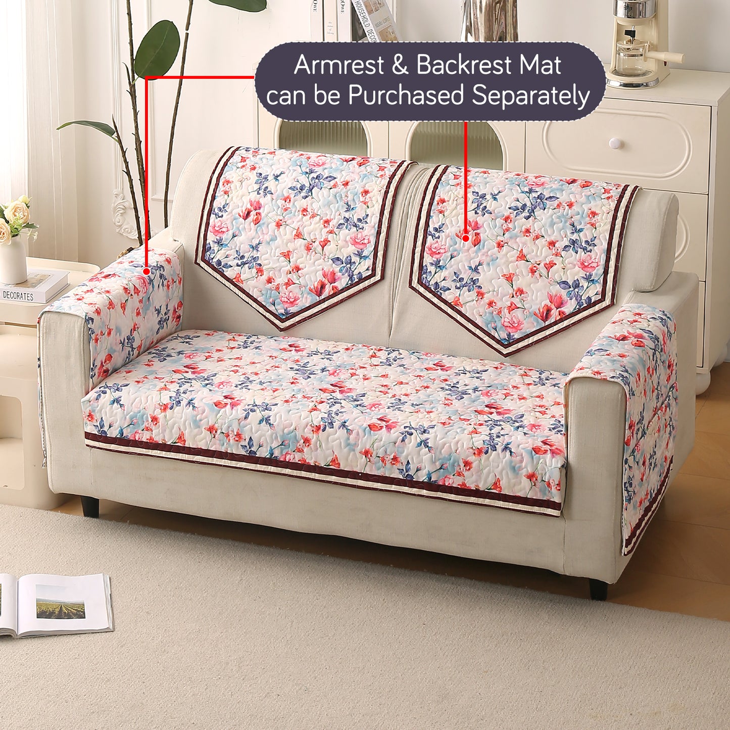 Florentina Series Printed Holland Velvet Sofa Mat - Scarlet Rose Ivory