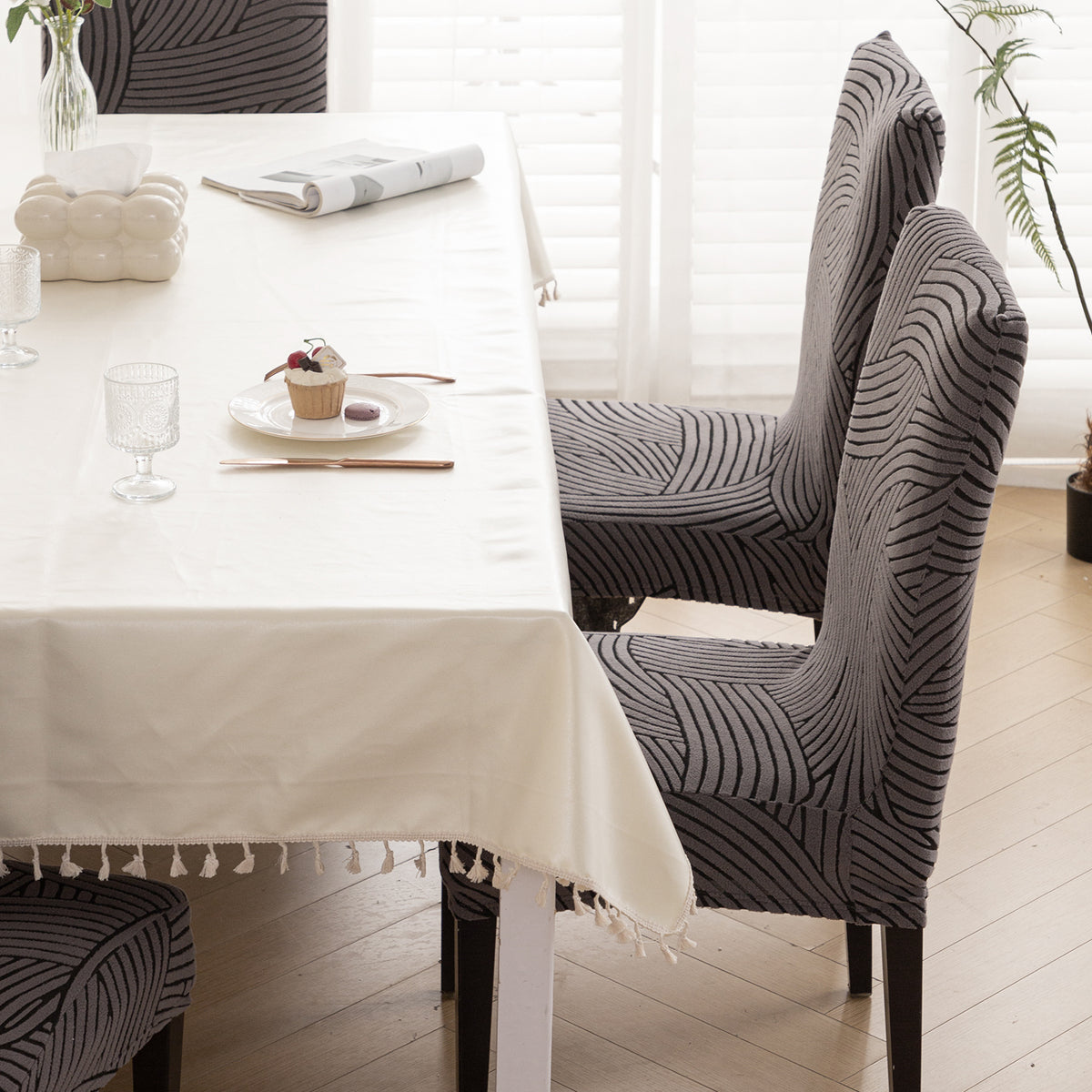 WaveLine Series 180 GSM Jacquard Chair Cover Set of 1/2/4/6, Charcoal Grey
