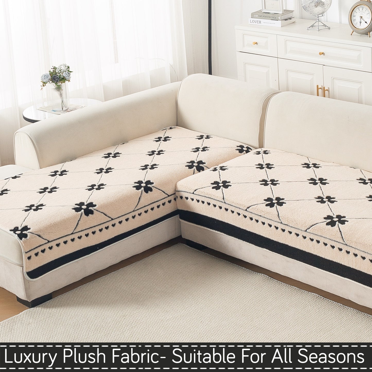 Luxury Plush Sherpa Anti Slip L Shape & Combination Sofa Mat, 'Noirea Series'|Floral Lattice