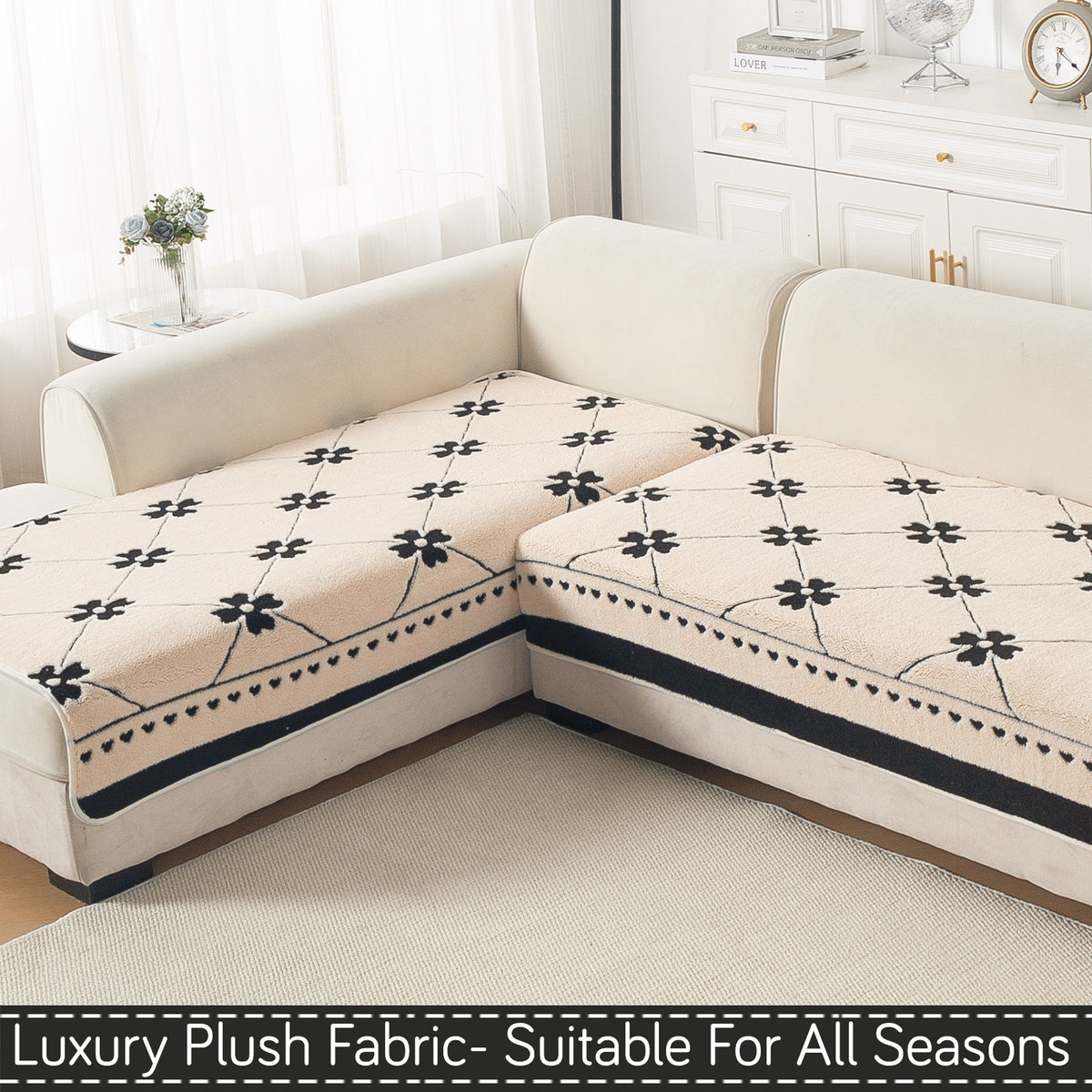 Luxury Plush Sherpa Anti Slip Combination Sofa Mat, 'Noirea Series'|Floral Lattice