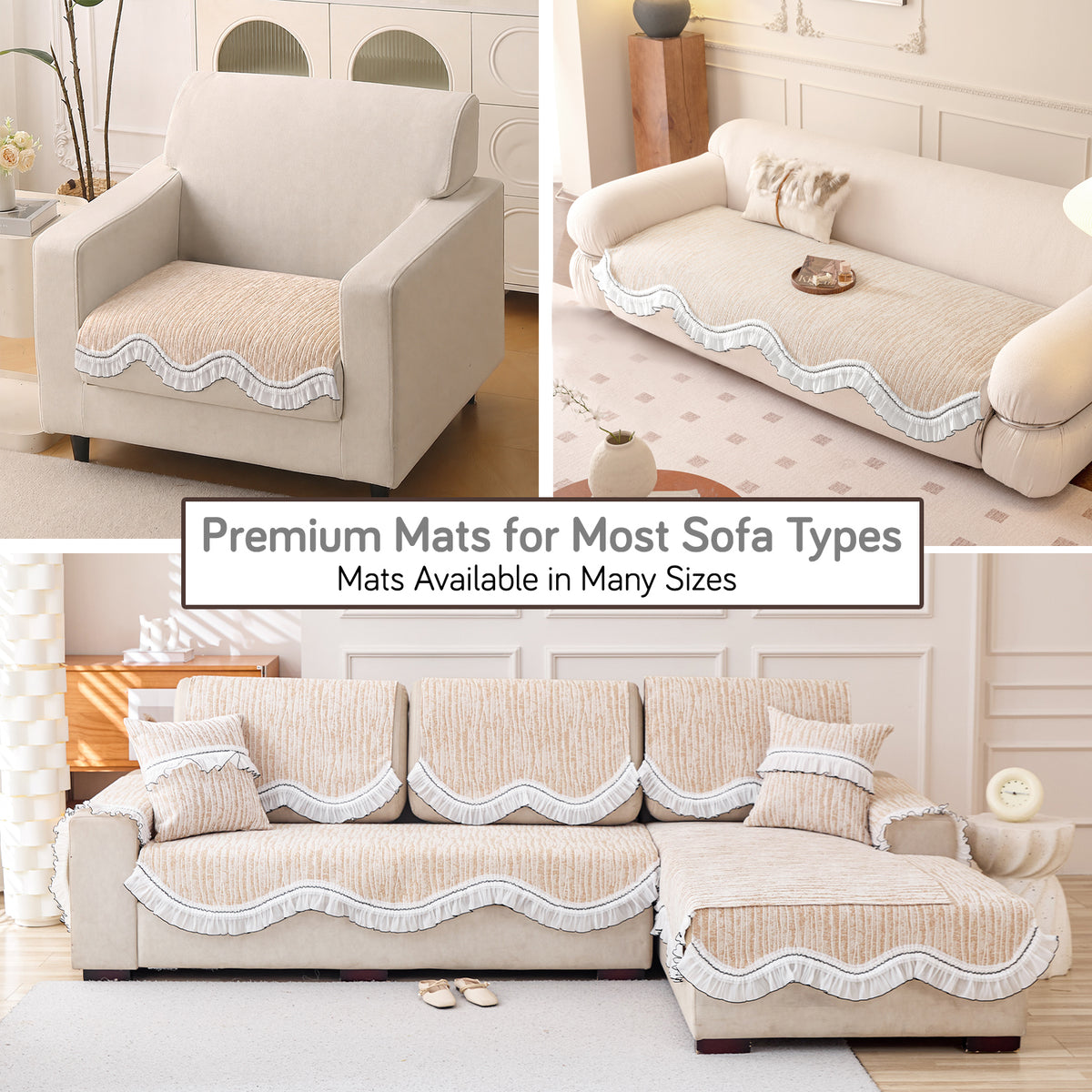 French Lace & Luxe with White Ruffle Edge Sofa Cover Mat, Oakwood Brown