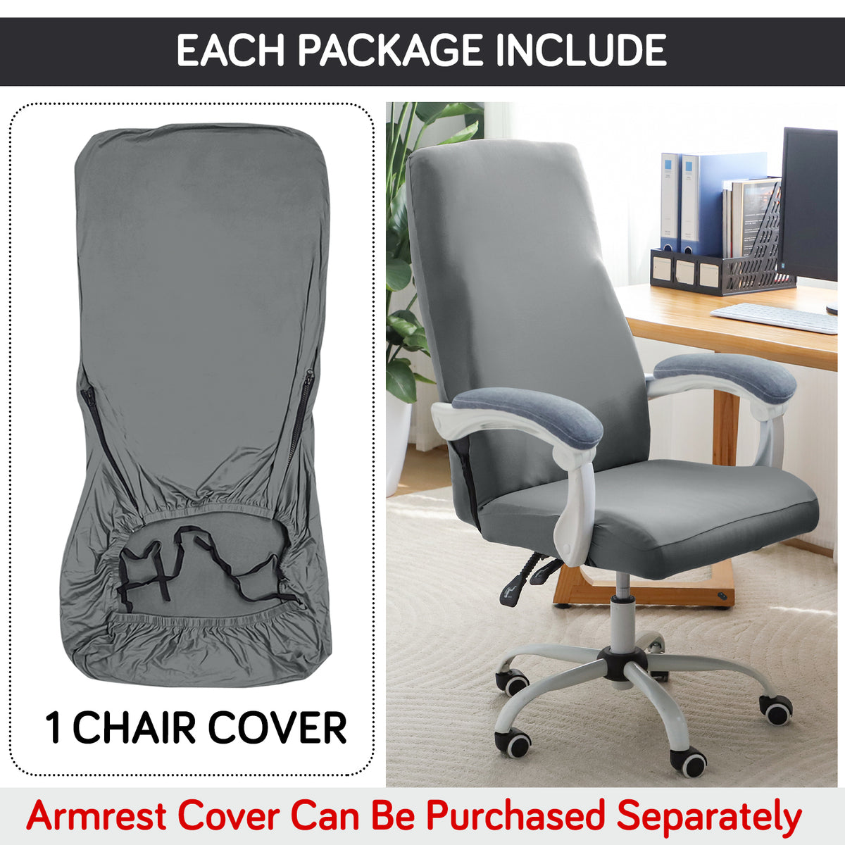 Office Chair Cover for Executive Chair (High-Back) – 140 GSM Stretchable Fabric – Washable & Anti-Slip – Fits Big & Tall Office Chairs, Smoke Grey
