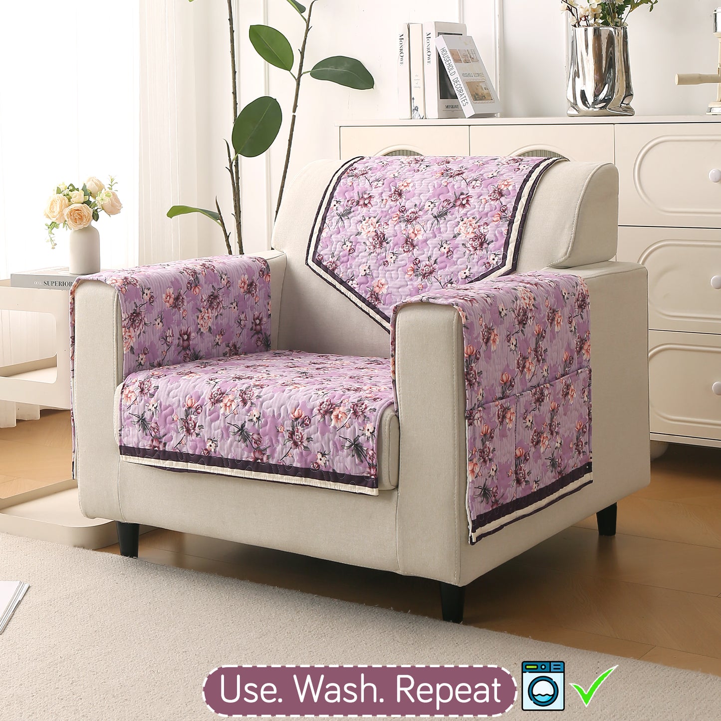 Florentina Series Printed Holland Velvet Sofa Mat - Peony Lavender