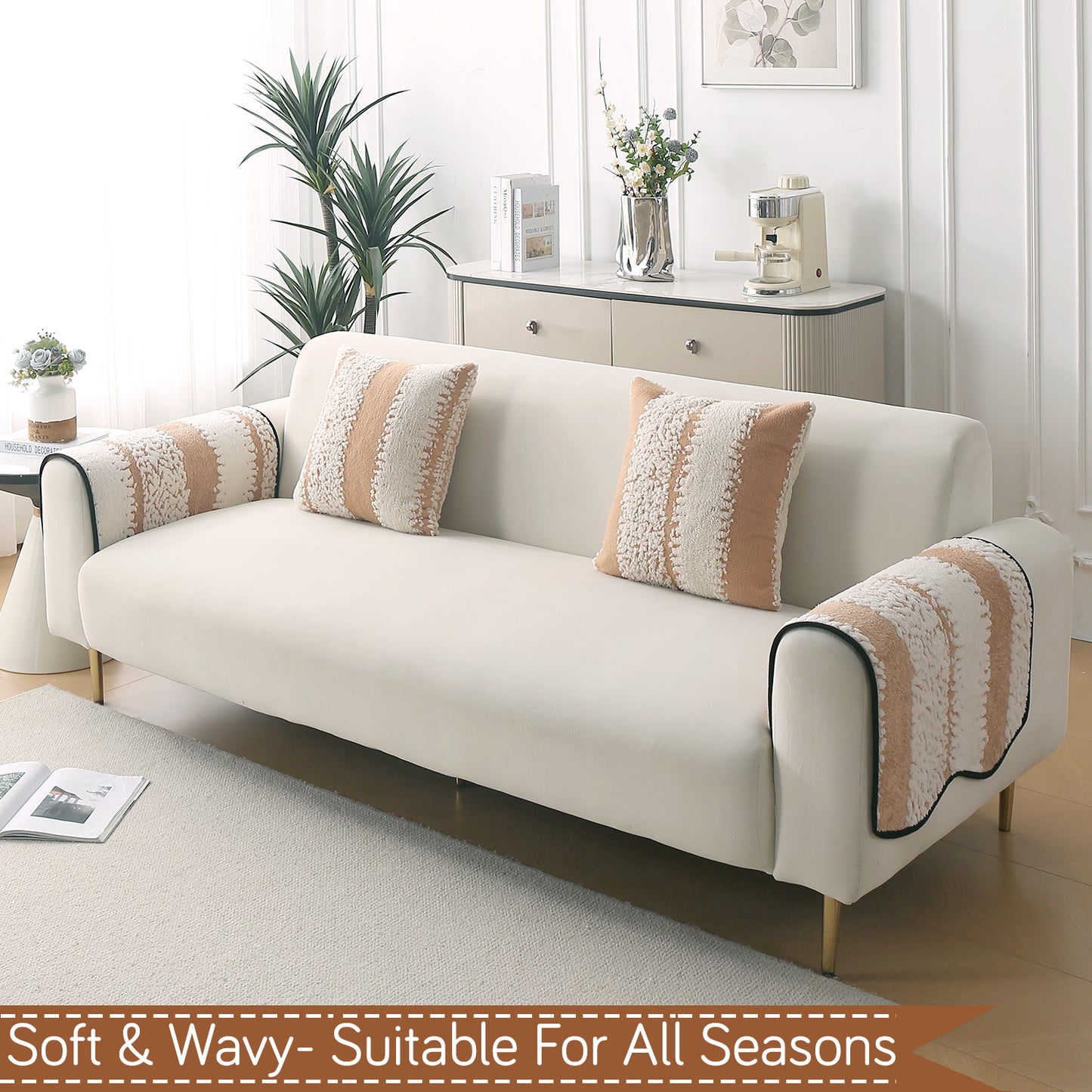 Luxury Wavy Plush Anti-Slip Sofa Cover Mats - Desert Brown