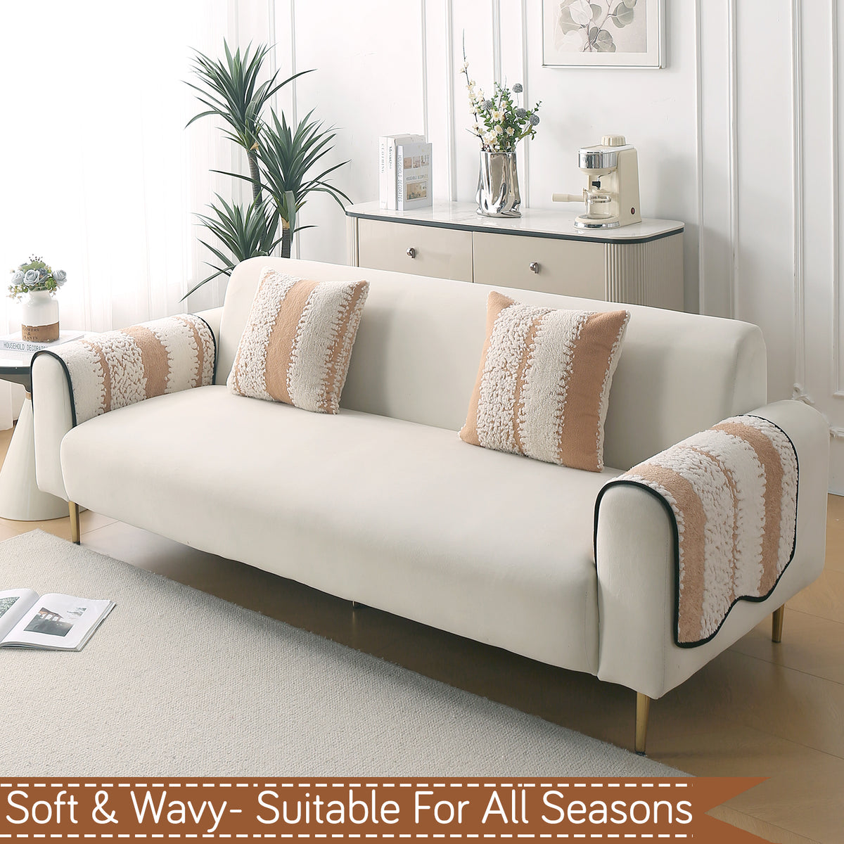 Luxury Wavy Plush Anti-Slip Sofa Cover Mats - Desert Brown