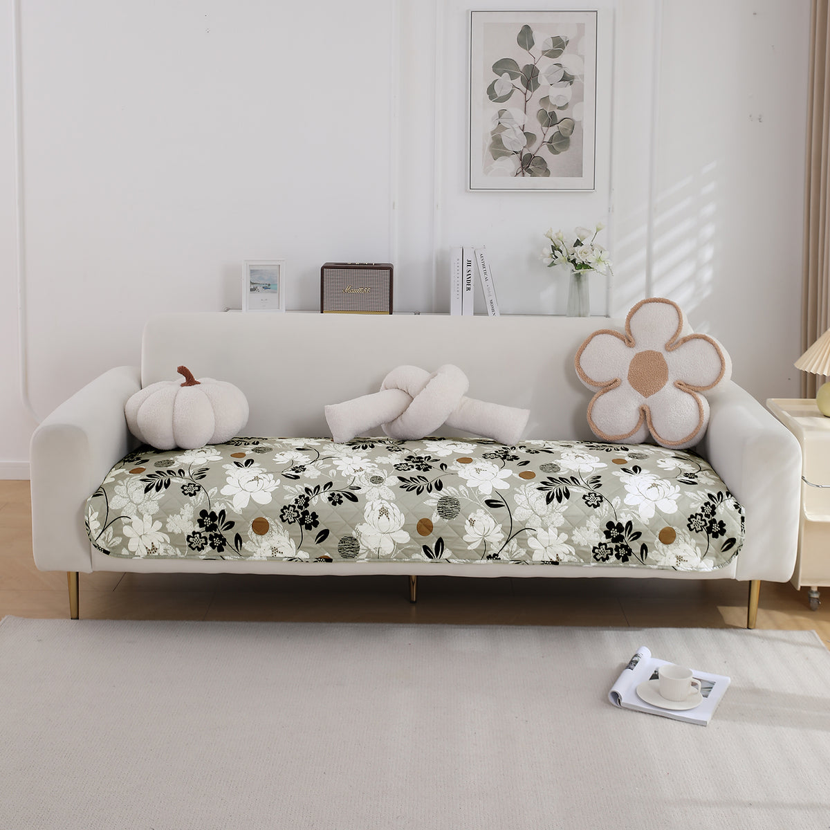 Water Repellent + Waterproof Quilted Sofa Mats, Feather Brown Floral