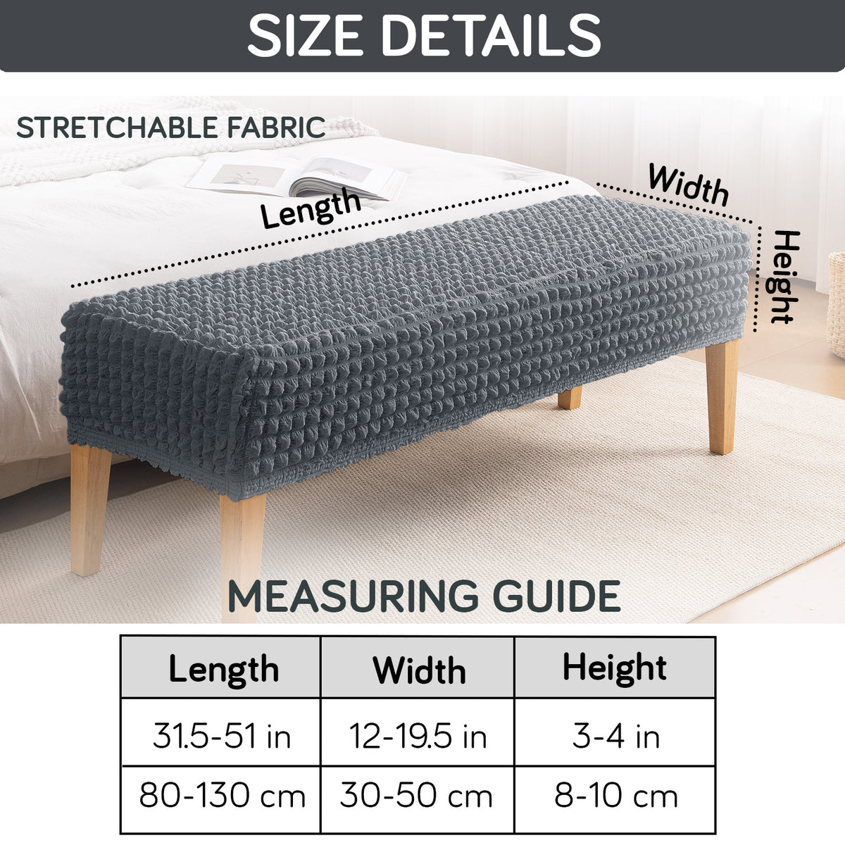 Aria Nova 280 GSM Stretchable Bubble Dining Bench Cover, Dark Grey
