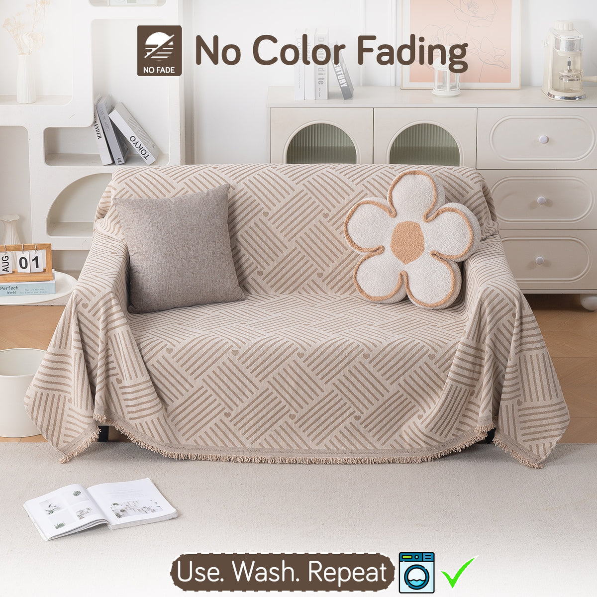Buy Beige Geo Weave Serene Abode Chenille 2 Seater Sofa Throw | HOKIPO