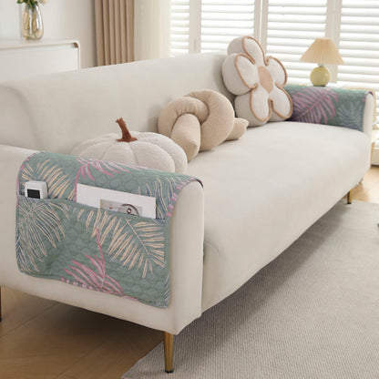 Polyester 2 Pcs Printed Quilted Sofa Armrest Cover, Tropical Leaves Pastel Green