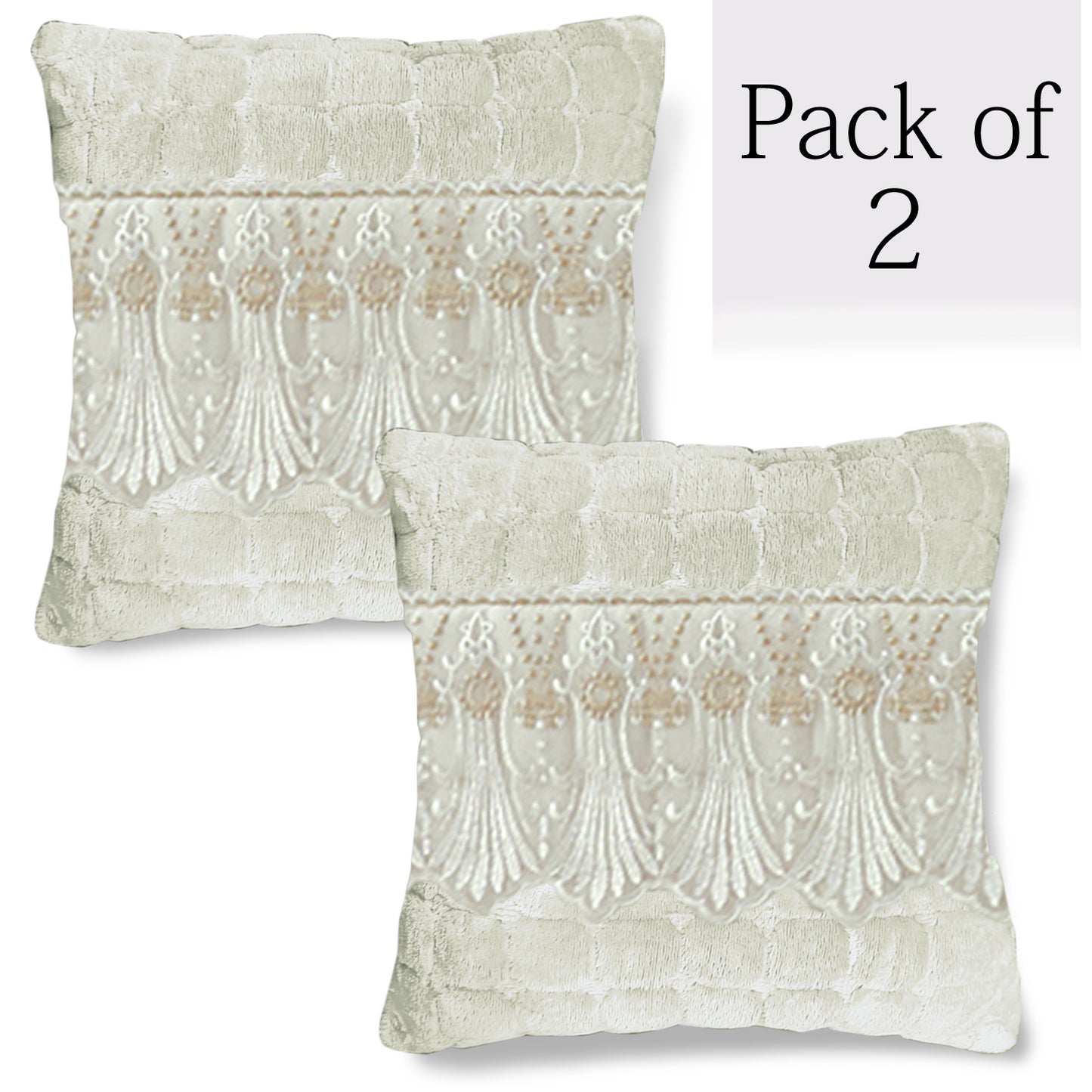 Premium Milk Velvet Sofa Cushion Cover with Lace Design, Pearl White