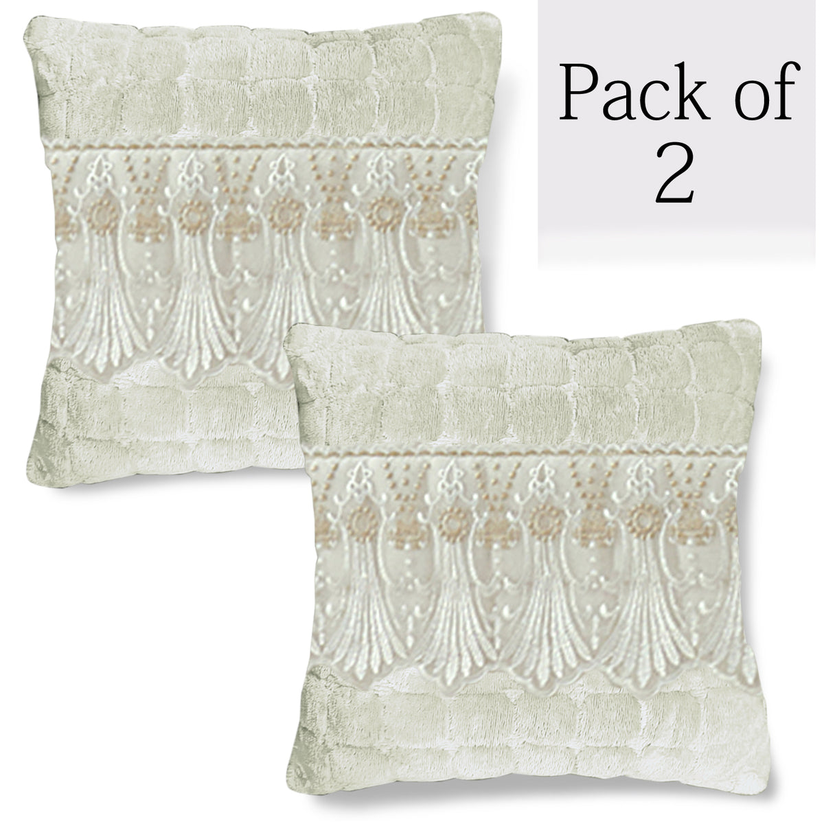Premium Milk Velvet Sofa Cushion Cover with Lace Design, Pearl White
