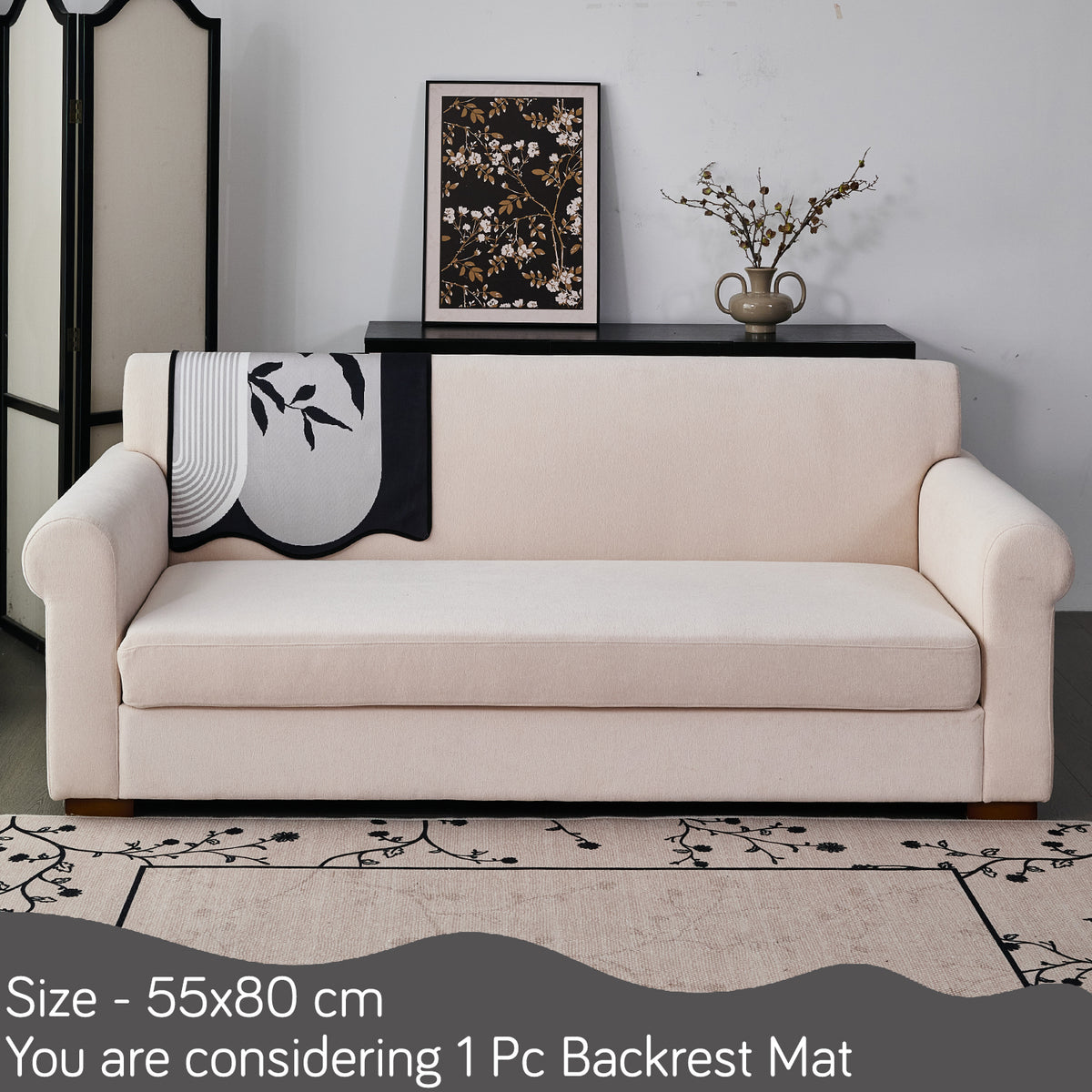 Arcea Chenille With Curved Edges Sofa Cover Mat, Grey Abstract Botanical