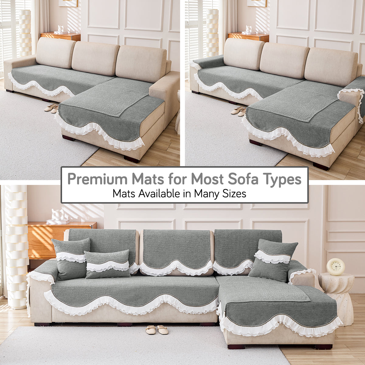 French Classic Frill Wavy Sofa Cover Mat, Moonstone Grey
