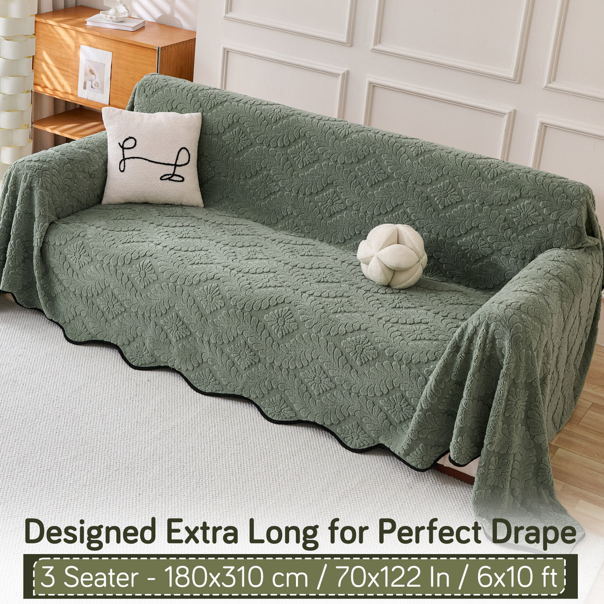 Buy Sage Green Colour Wavy Petal Crest Series Plush Sofa Throw – 3 Seater Sofas | HOKIPO