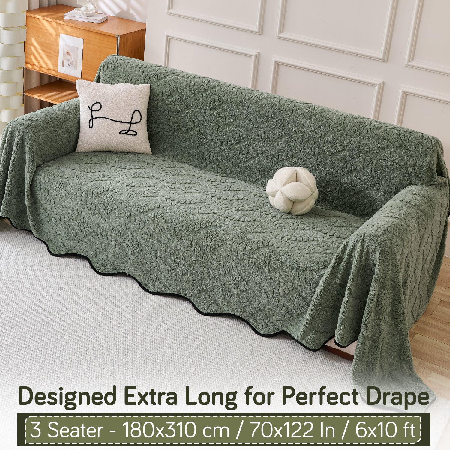 Buy Sage Green Colour Wavy Petal Crest Series Plush Sofa Throw – 3 Seater Sofas | HOKIPO