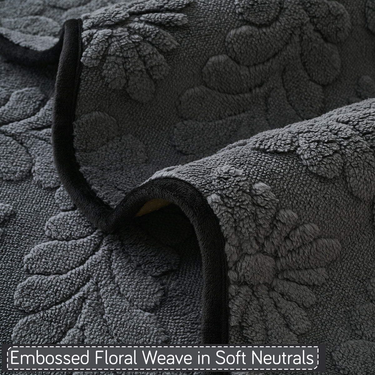 Embossed Floral Jacquard Anti-Slip Sofa Cover Mat, 'Wavy Petal Crest Series' Charcoal Grey