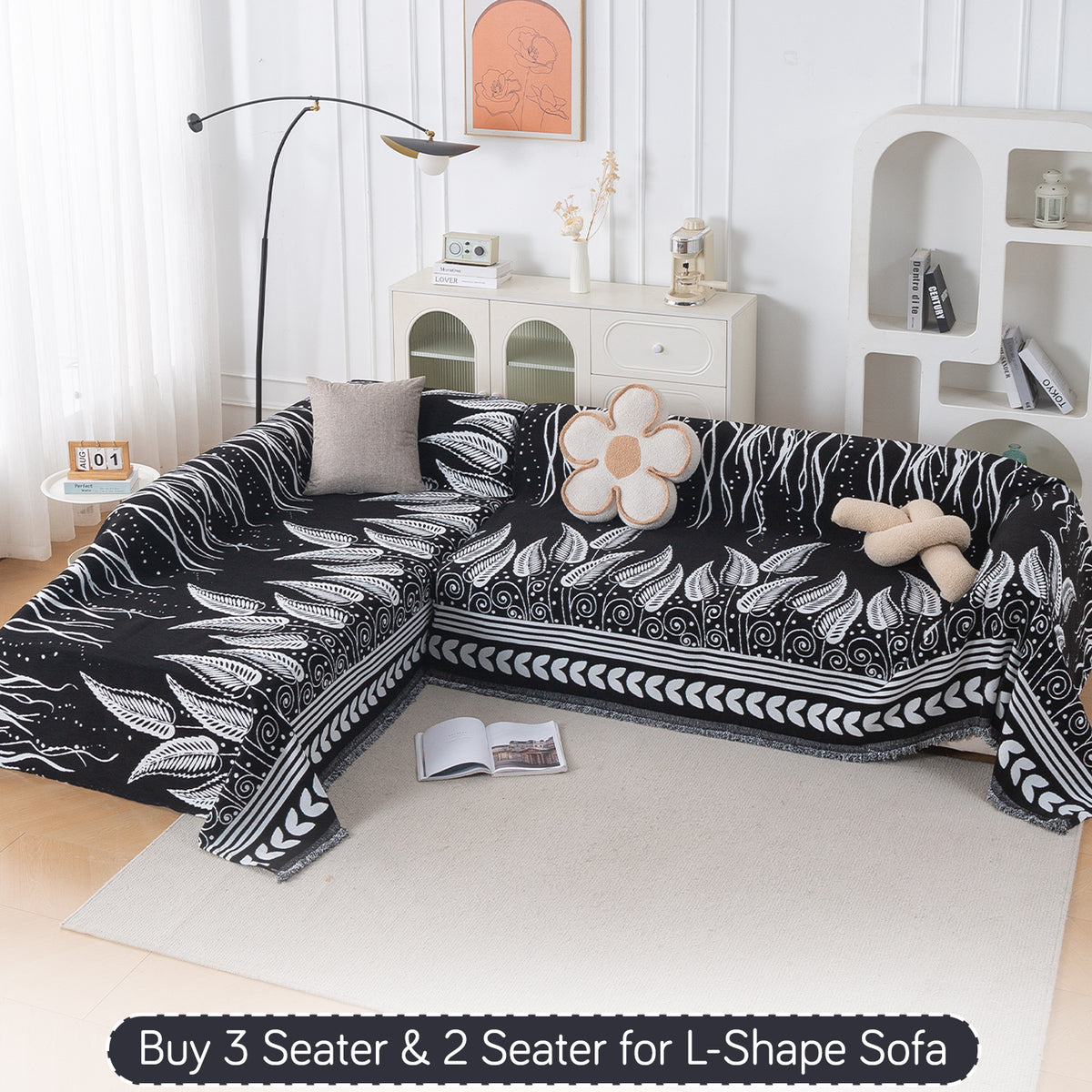 Buy Black Fern Tribal Serene Abode Chenille L-Shape Sofa Throw | HOKIPO