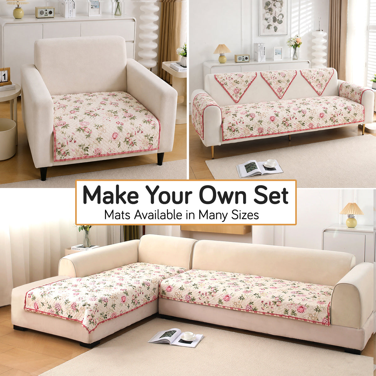 'Homehues' Printed Quilted Sofa Cover Mats, Beige Peonies