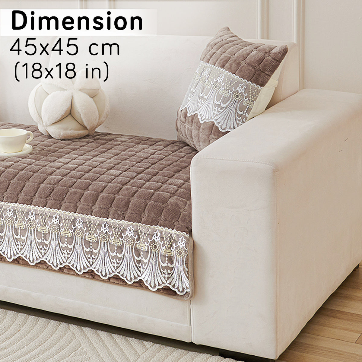 Premium Milk Velvet Sofa Cushion Cover with Lace Design, Mocha Brown