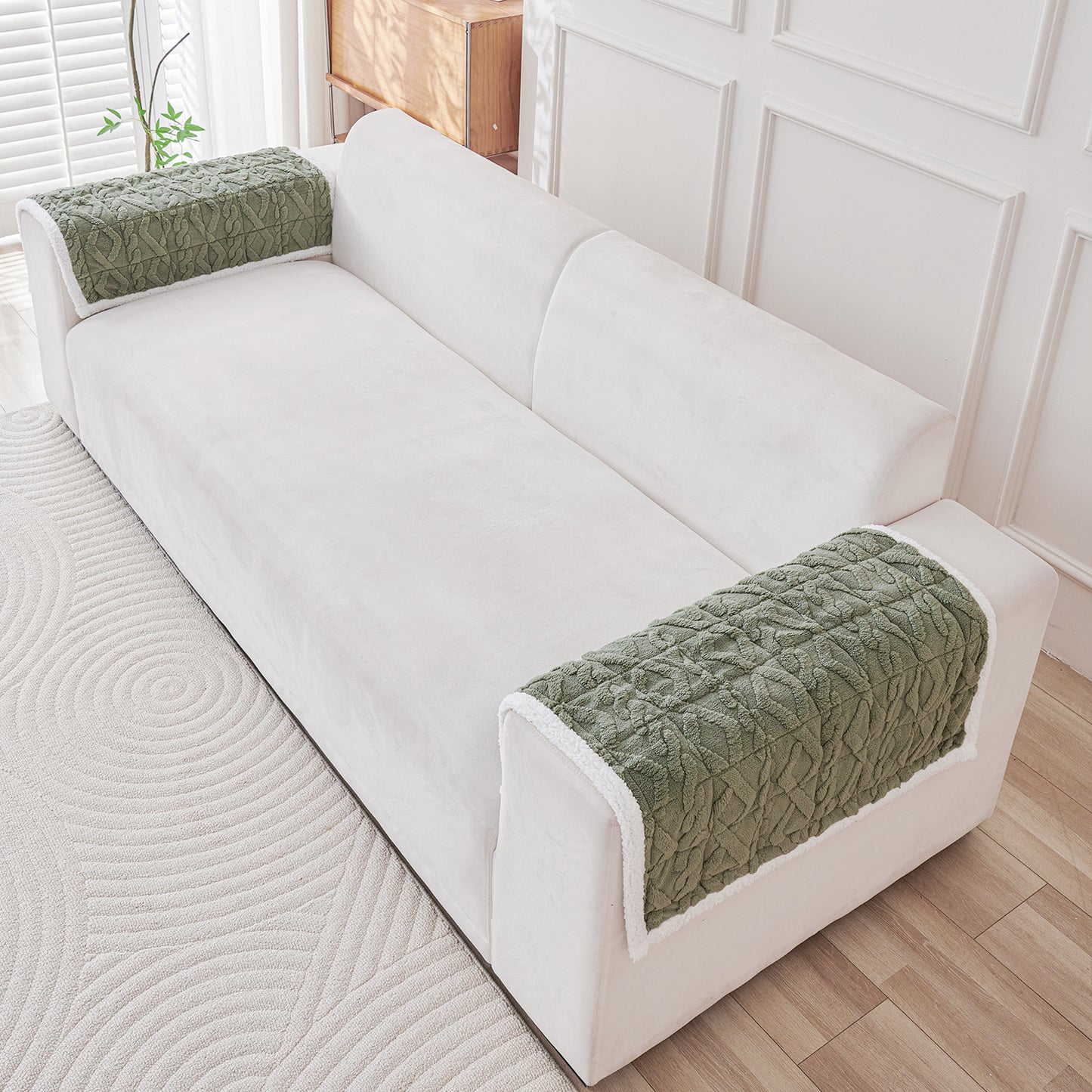 'Italian Caelora' Luxury Jacquard Plush Sofa Cover Mat and Anti-Slip Armrest Covers - Sage Green