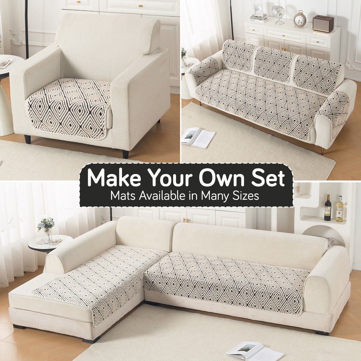 Luxury Plush Sherpa Anti-Slip Sofa Cover Mat, 'Noirea Series'| Geometric Diamond