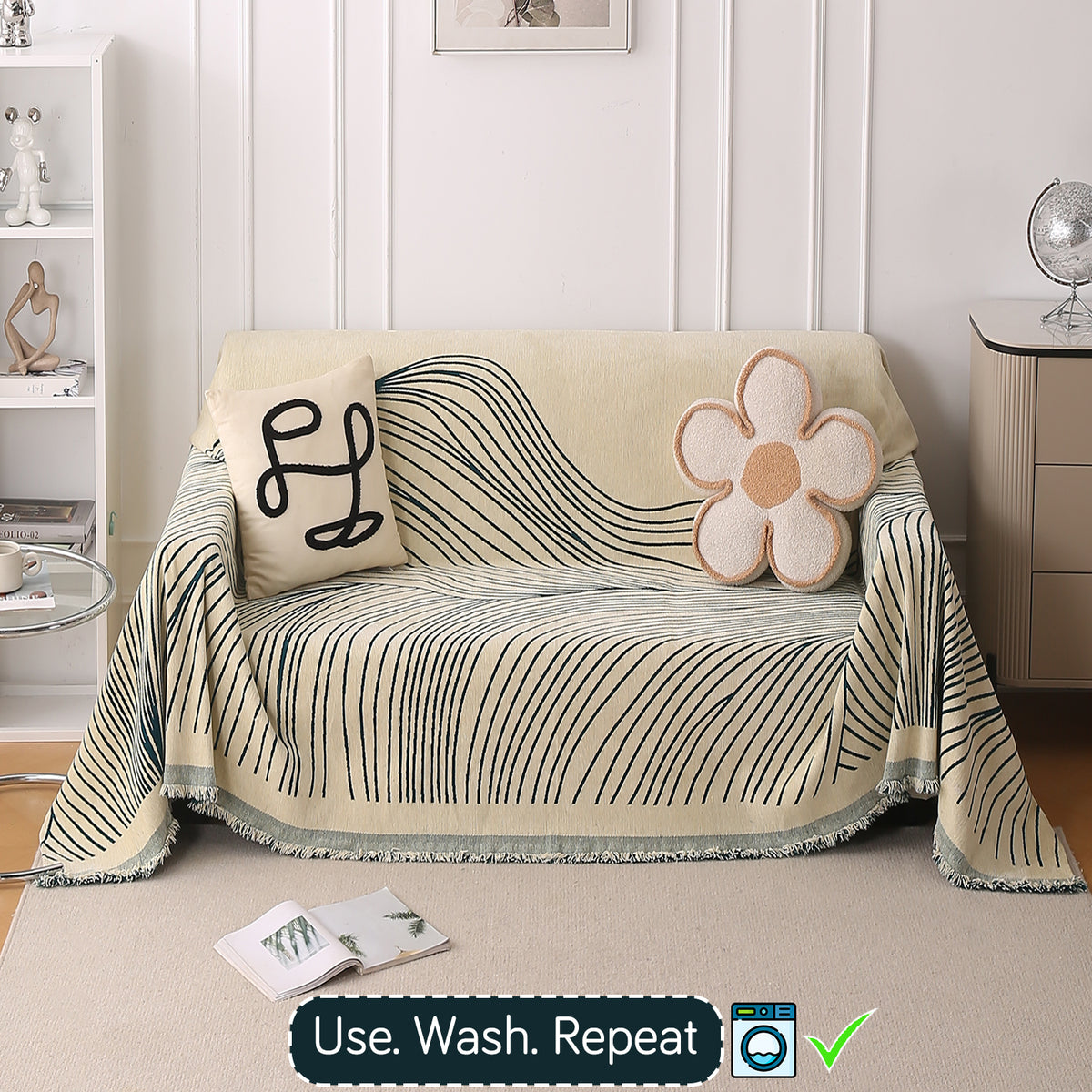 Buy Peacock Green Colour WaveLoom Chenille 2 Seater Sofa Throw | HOKIPO