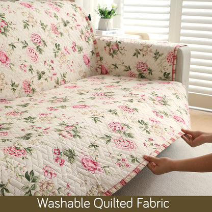 HomeHues Series Quilted Sofa Cover with Secure Fit Belt for L Shape sofa, Beige Peonies
