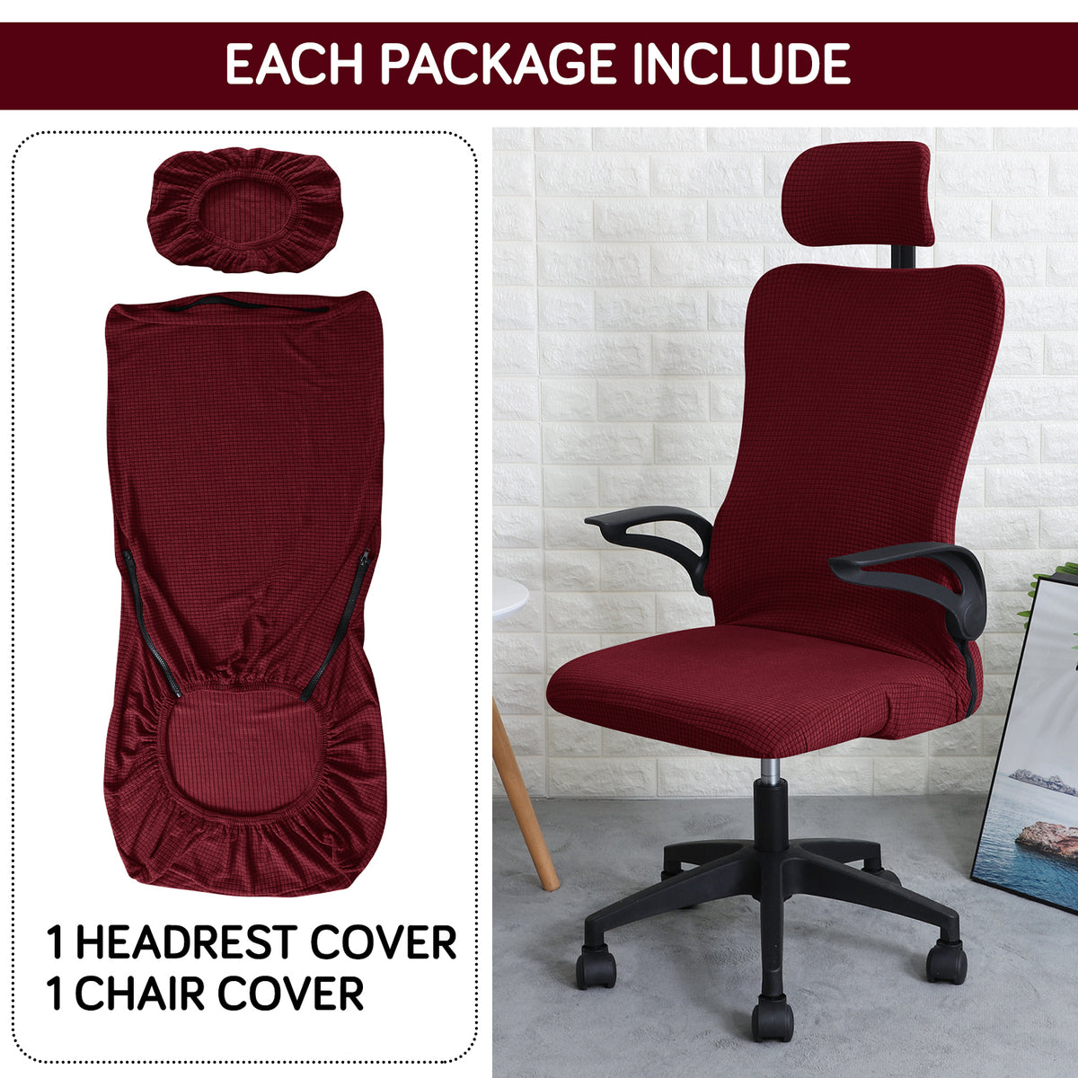 Water Repellent Office Chair Cover with Headrest (High-Back) – 210 GSM Stretch Jacquard – Washable, Anti-Slip Fit for Ergonomic Mesh Office Chairs, Burgundy