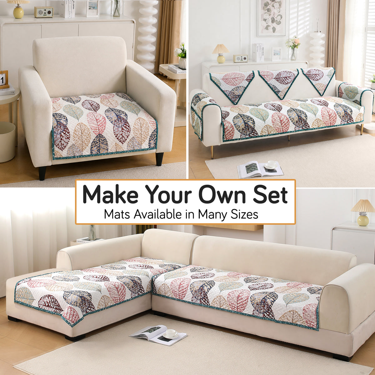 'Homehues' Printed Quilted Sofa Cover Mats, Multicolor Linden Leaf