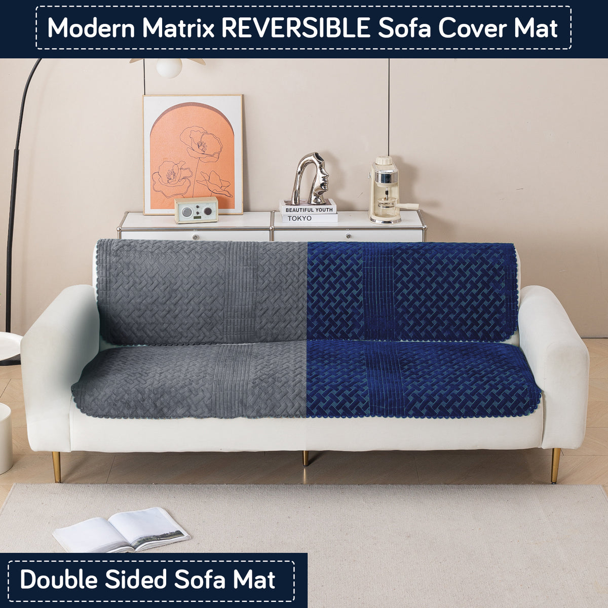 Modern Matrix 5-Seater Reversible Sofa Cover (3+1+1), Midnight Blue