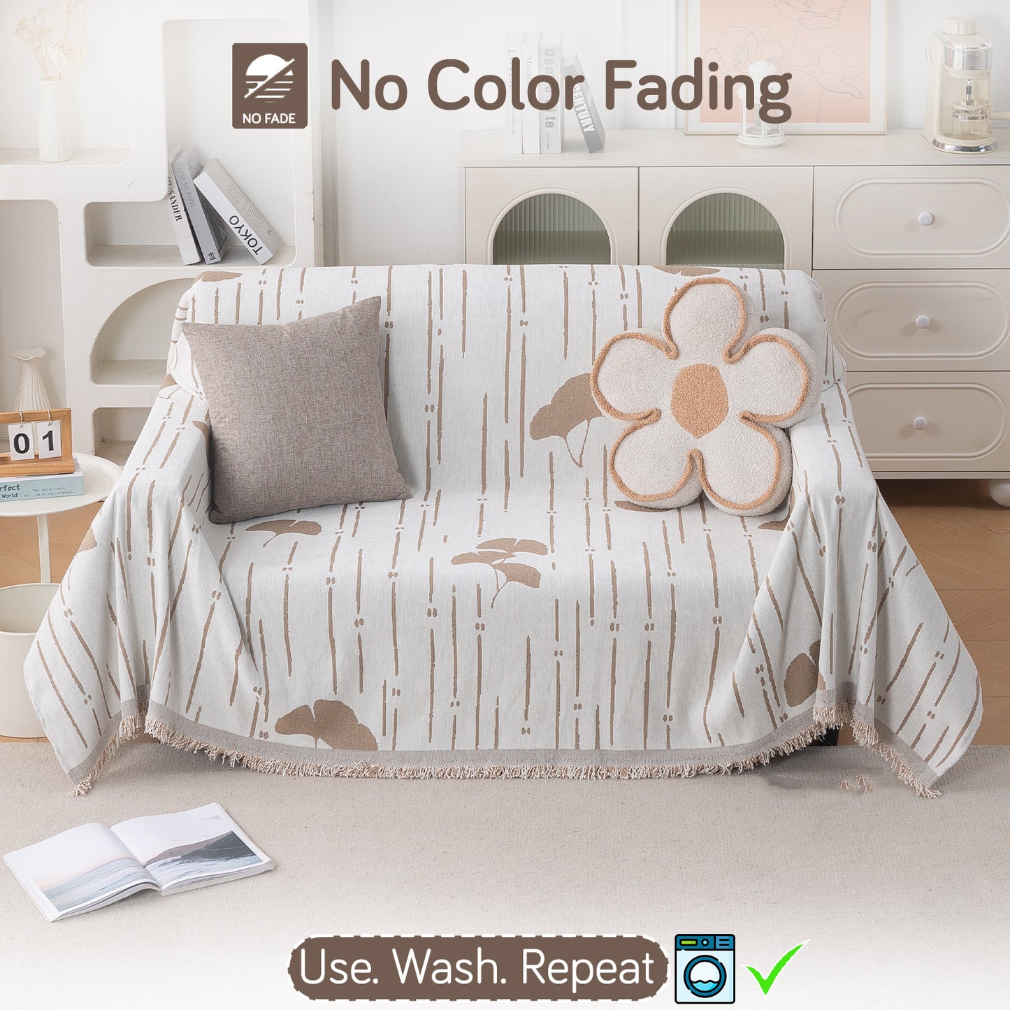 Premium 320 GSM Chenille Sofa Cover Throw All Season 'Serene Abode Series', Beige Ginkgo Lines