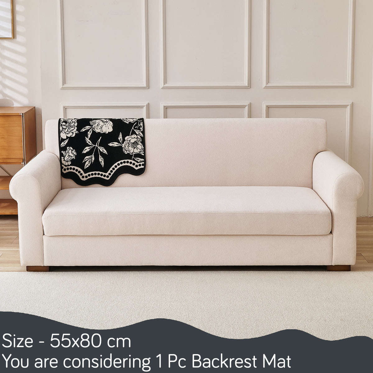 Chenille Sofa Cover Mat with Curvy Edges, 'Retro Curves Series' Sofa Mat, Classic Black