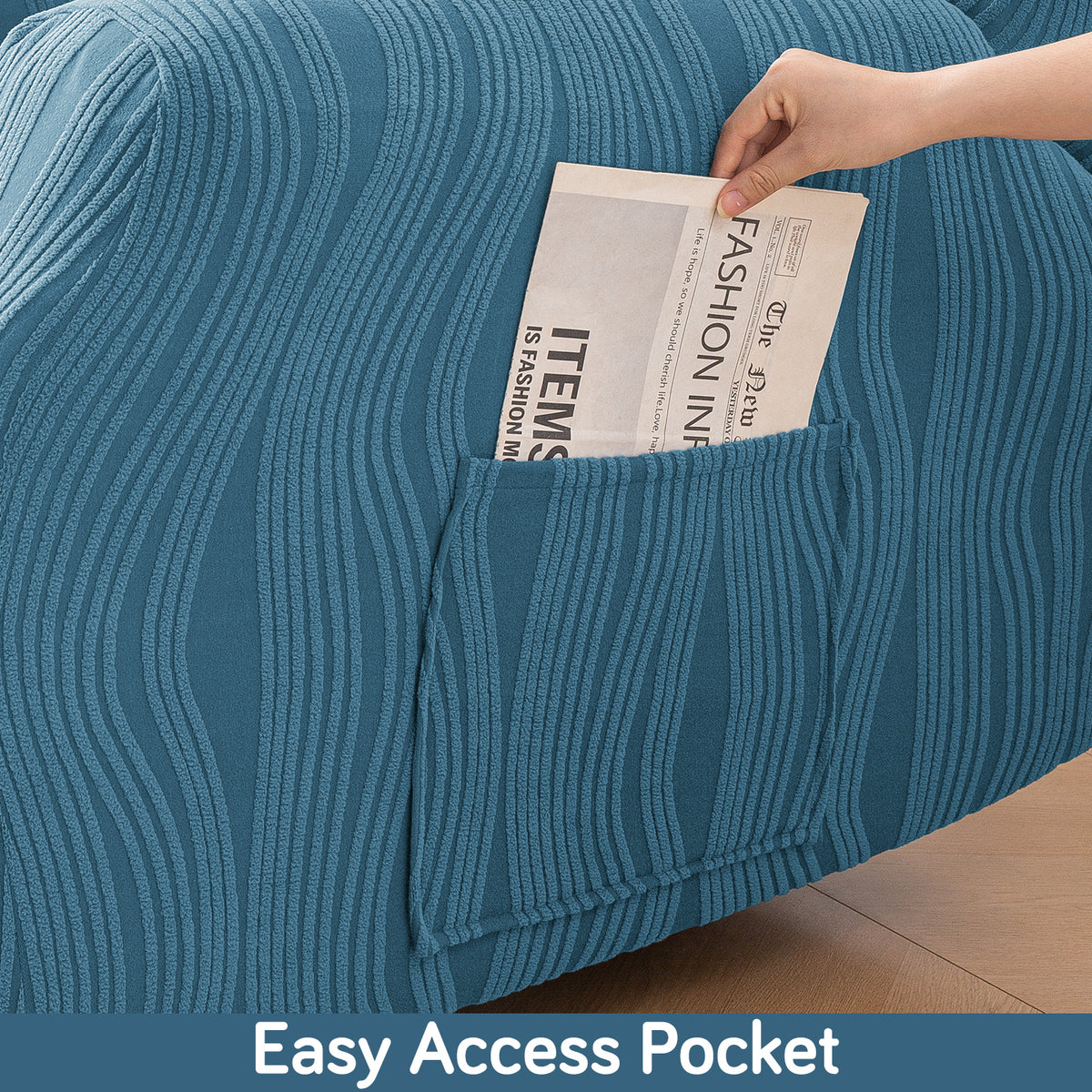 Buy Sea Blue Colour nestiva series knitting jacquard recliner sofa cover​ with pocket | HOKIPO