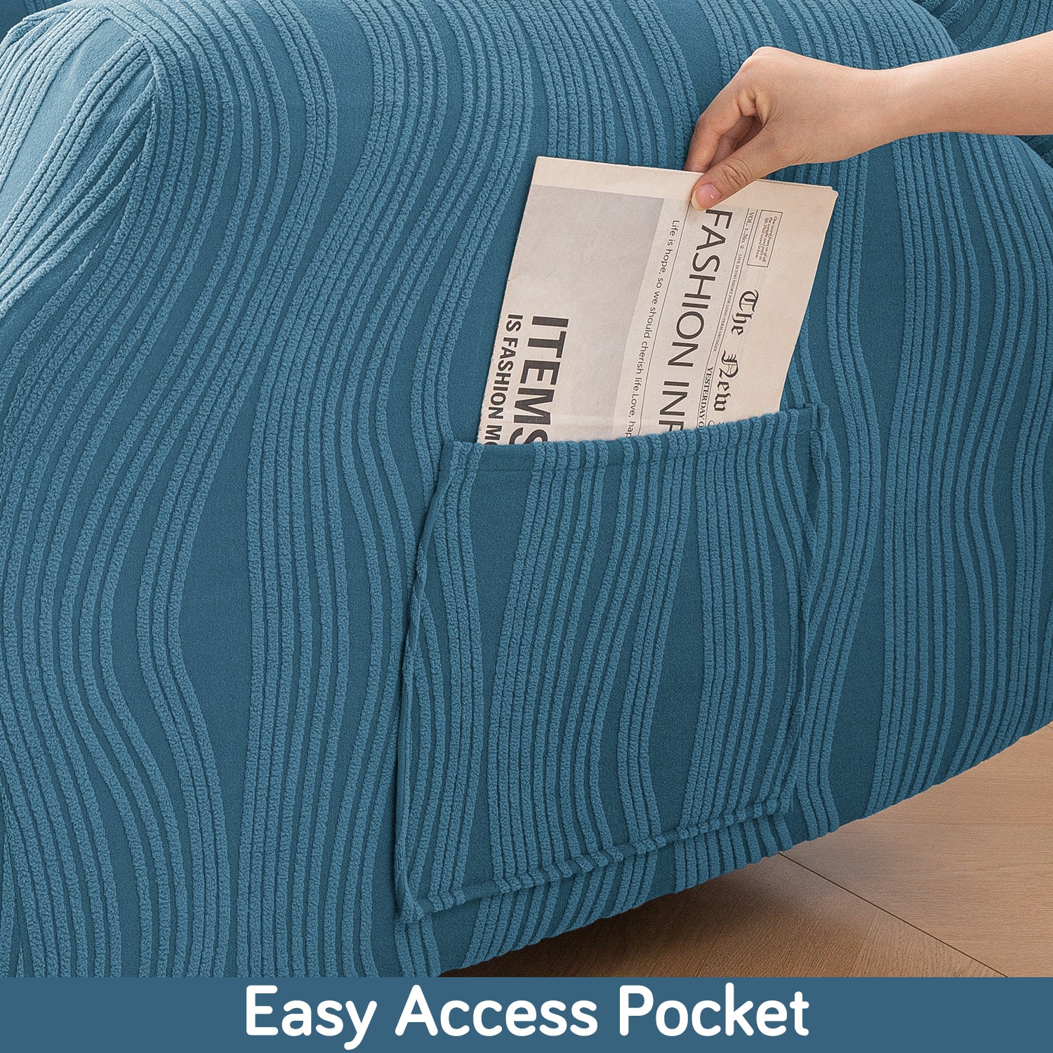 Buy Sea Blue Colour nestiva series knitting jacquard recliner sofa cover​ with pocket | HOKIPO