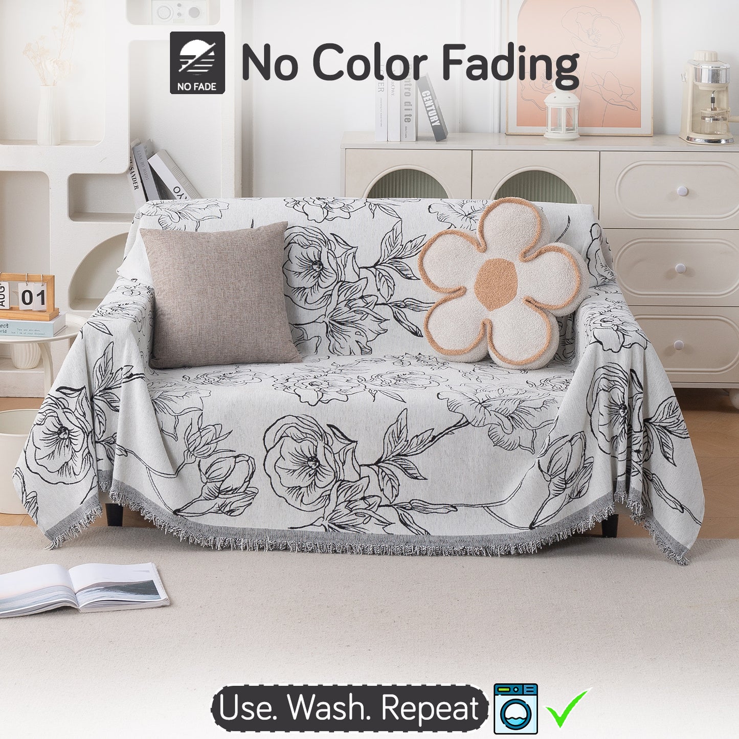 Premium 320 GSM Chenille Sofa Cover Throw All Season 'Serene Abode Series', White Rose Garden