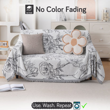 Premium 320 GSM Chenille Sofa Cover Throw All Season 'Serene Abode Series', White Rose Garden