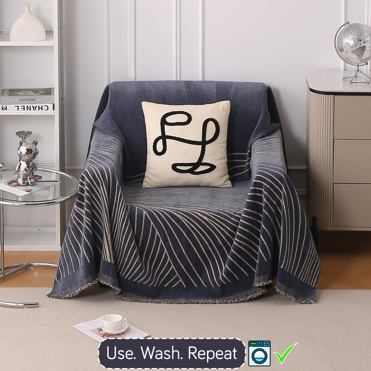 WaveLoom Collection Printed Chenille Sofa Cover Throw Blanket, Dark Grey