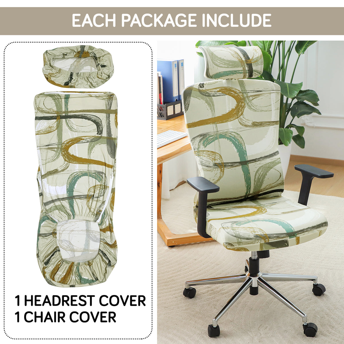 Printed Office Chair Cover with Headrest (High-Back) – 140 GSM Stretch Fabric – Washable, Anti-Slip Fit for Ergonomic Mesh Office Chairs, Parchement Beige Abstract Art