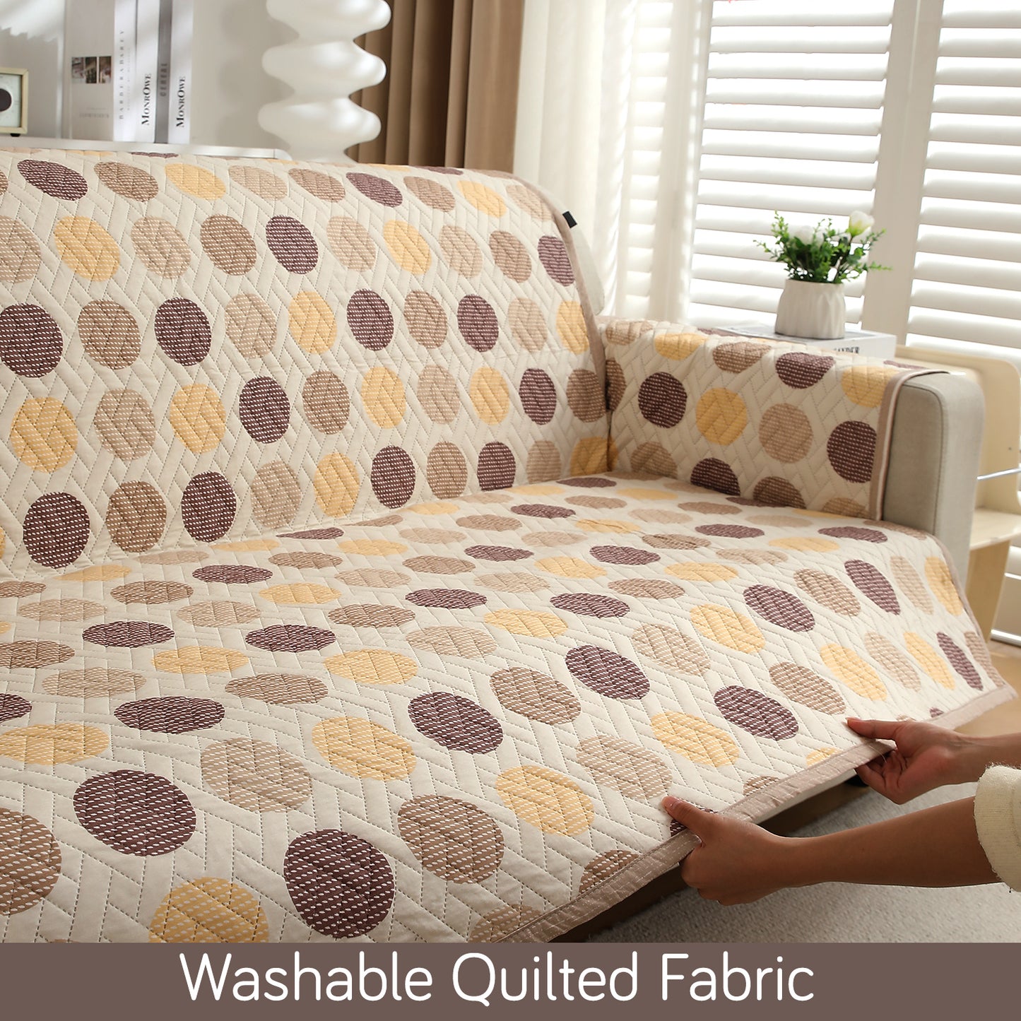 HomeHues Series Quilted Sofa Cover with Secure Fit Belt for L Shape sofa, Brown Polka Dot